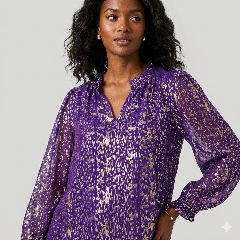 Lilly Pulitzer XL Silk Gold Metallic Dot Purple Ruffle Blouse V-Neck Top Chiffon